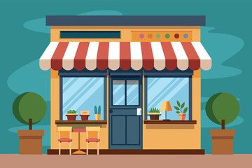 Colorful storefront with striped awning and plants in sunny outdoor area