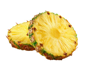 Two slices of pineapple, close-up.  Bright yellow flesh, with visible  green prickly exterior.  Fresh, juicy,  and healthy
