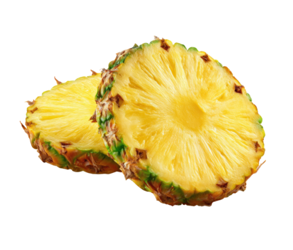 Two slices of pineapple, close-up.  Bright yellow flesh, with visible  green prickly exterior.  Fresh, juicy,  and healthy