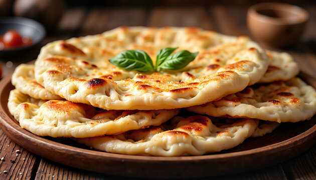 Freshly baked khobz served on a wooden plate with herbs  