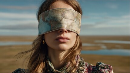 Woman wearing world map blindfold, blurred field background, golden earrings