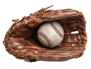 Baseball glove holding a baseball.  Top-down view of a well-worn, light brown leather baseball mitt cradling a vintage-style baseball.  