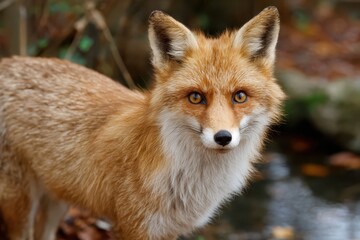 Fototapeta premium Realistic closeup of a red fox displaying striking fur and expressive eyes in a natural forest setting during early morning