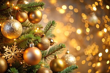 Close up of Christmas Tree with Gold Ornaments and Bokeh Lights Background