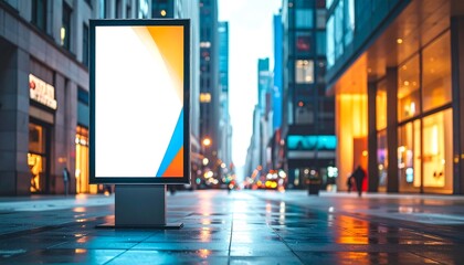 A modern, brightly colored billboard stands out against the urban cityscape on a wet city street.