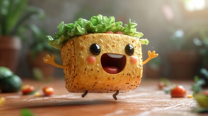 Animated Food Character, Expressing Joy, on Wooden Table
