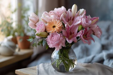 Fresh Mothers Day bouquet featuring pink lilies, vibrant tulips, and delicate gerbera daisies arranged in a clear vase on a wooden table with soft lighting