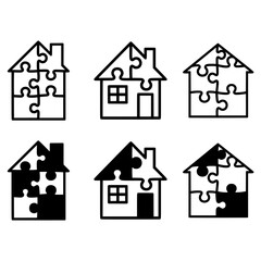Collection of house icons made from jigsaw puzzle pieces. Represents home ownership, real estate solutions, building, unity, and problem solving concepts. Ideal for property, housing, or construction.