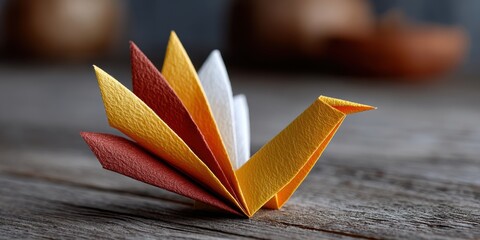 thanksgiving origami art, origami thanksgiving turkey in autumn hues, intricate paper folds with a blurred wooden table backdrop, creating a festive mood