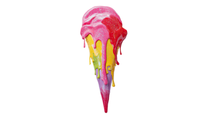 A vibrant, melting ice cream cone drips with multicolored, flowing sauce.  The cone's top is a vibrant pink, with layers of melted colors cascading down