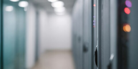 Long hallway with a row of computer servers