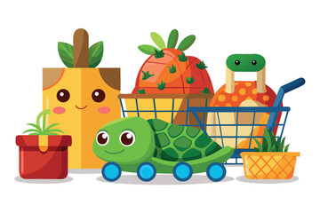 Colorful shopping cart with cute turtle and fruits in a vibrant, cartoon style environment