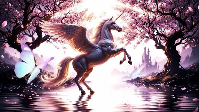 Majestic winged unicorn amidst cherry blossoms and a castle
