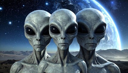 Three gray aliens face forward against a night sky backdrop
