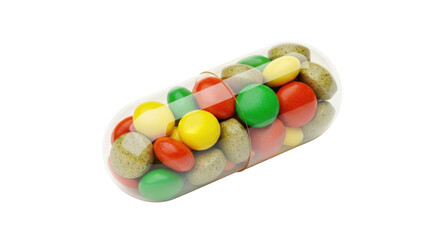 Isolated assorted candy-filled capsule for fun health theme, colorful treats in medicine concept