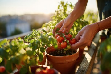 Harvesting cherry tomatoes at sunset