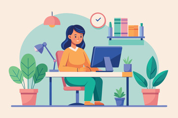Fototapeta premium Young woman working at a desk in a cozy home office with plants and shelves
