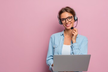 Customer service representative engages with clients while using a laptop and wearing headphones in a modern workspace with a pink background