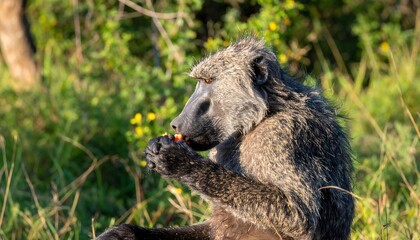 Obraz premium A gray baboon sits in a grassy savanna, consuming a piece of fruit, bathed in natural sunlight.