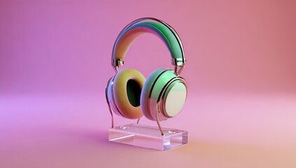Colorful headphones on a clear display stand