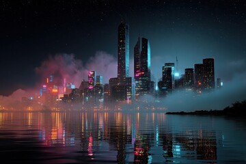Vibrant cyberpunk skyline at night with neon lights reflecting on water surface