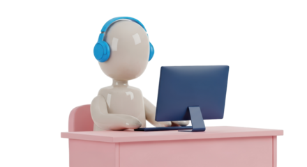 Isolated Person Working at a Computer with Headphones in the Office at Work Station