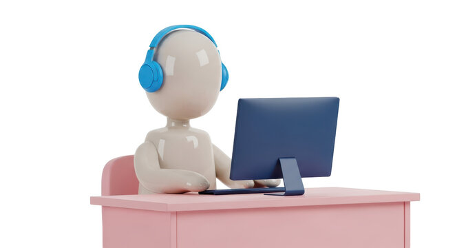 Isolated Person Working at a Computer with Headphones in the Office at Work Station