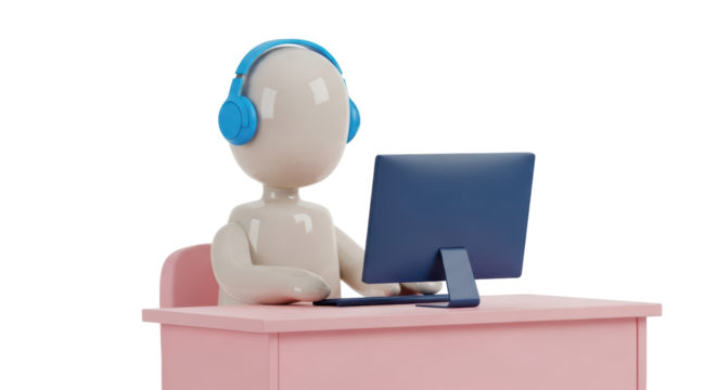 Isolated Person Working at a Computer with Headphones in the Office at Work Station