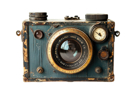Wooden antique trunk with clock in the center, featuring handle, latches, and aged surface