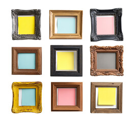 Nine square picture frames, each holding a different colored sticky note