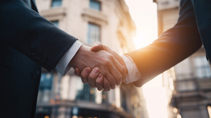 Two businessmen in suits shaking hands outdoors in financial district, sharp details