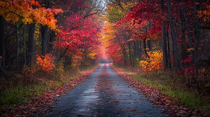 Fototapeta premium A serene forest path lined with vibrant red, orange, and yellow autumn leaves, soft light filtering through the branches.