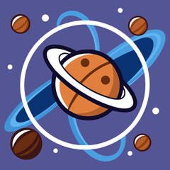 Stylized planet with rings and moons in outer space