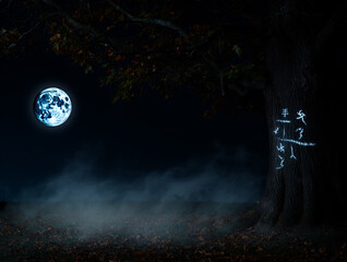 Glowing moon over misty forest with symbols on tree