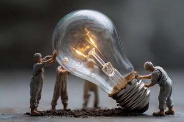 Miniature figures collaborate to assemble a glowing light bulb in a focused teamwork demonstration
