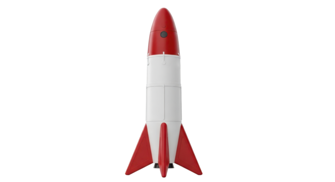 Isolated classic red and white rocketship, toy model, retro style, 3D render, studio shot