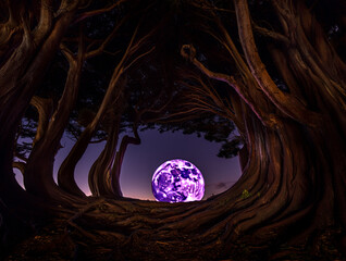 Glowing Purple Orb in Twisted Tree Forest at Dusk trees