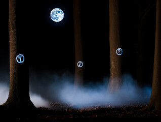 Glowing symbols on trees under full moon and fog forest