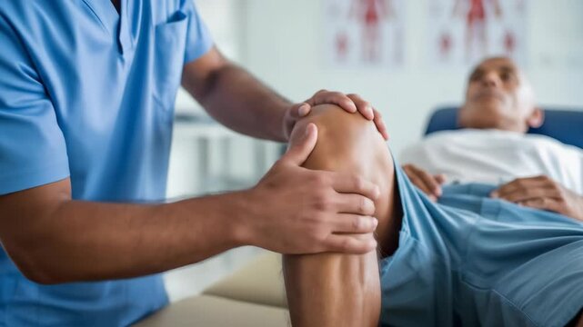 Physical therapist examining patient's knee during examination