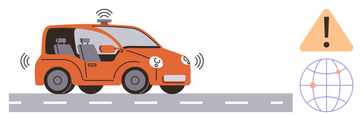 Naklejka premium Orange self-driving car on roadway using sensors, safety alert sign, and global map. Ideal for technology, future mobility, innovation, smart transport, automation safety AI in vehicles. Simple