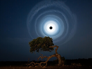 Gnarled tree under swirling night sky with eclipse