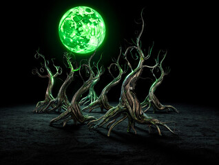 Gnarled Trees Under Glowing Green Moon twisted branches