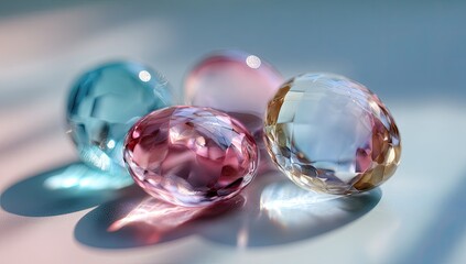 Close-up of four translucent, faceted gems in pastel colors.  Soft light highlights their facets