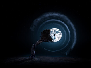 Gnarled tree with moon eye and swirling nebula night sky