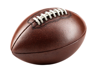Close-up of a brown leather American football. Stitched seams are visible