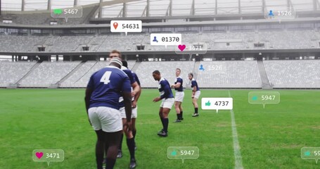 rugby players entering pitch, generating media icons during sports training lift drill