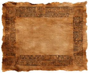 Aged parchment scroll, adorned with intricate, stylized, dark markings, forming a border around a blank center
