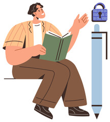 Man reading book while gesturing toward padlock and pen, emphasizing data protection, privacy, and learning. Ideal for education, digital security, creativity, knowledge, innovation training simple
