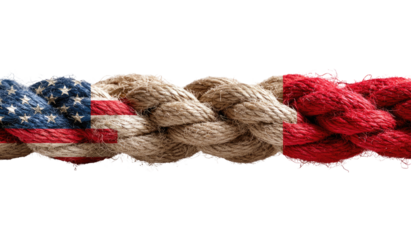 Intertwined ropes, one with the US flag pattern, the other with a red flag pattern, against a black background.  The ropes are woven together