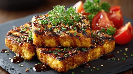 Gourmet Fried Tofu with Teriyaki Sauce, Herbs, and Tomato Wedges